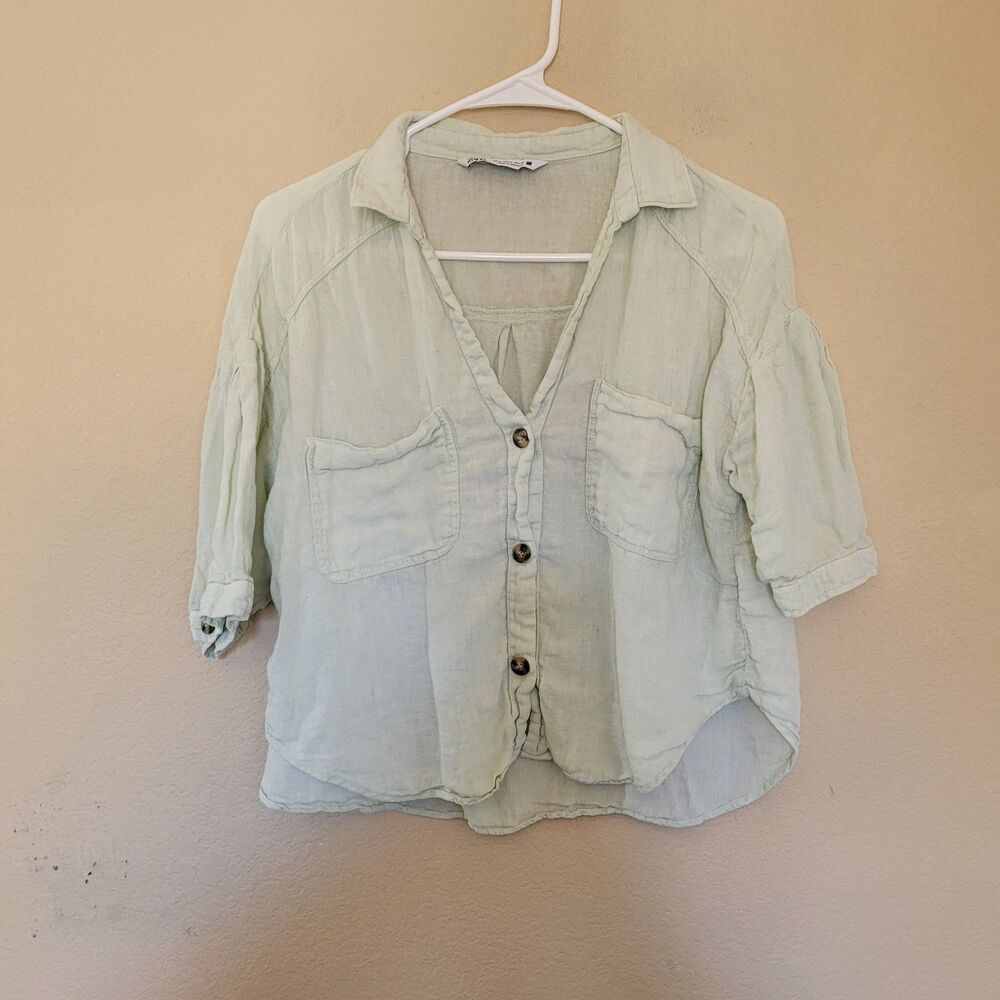 Zara Shirt Womens Medium Green 100% Linen Crop Coastal Neutral Minimalist Boho